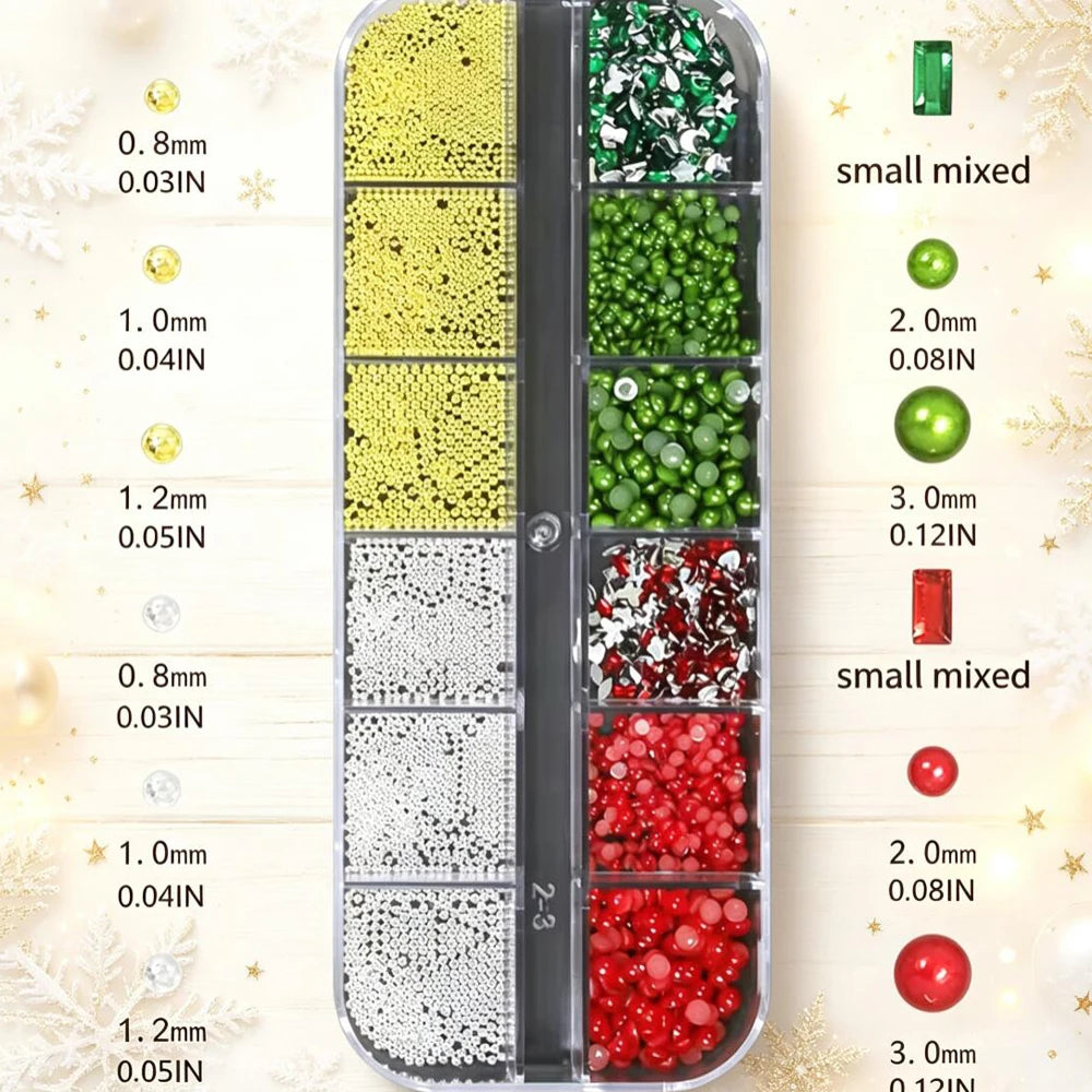 4Box Christmas Nail Charms 3D Snowman Santa Claus Elk, White Snowflakes Red Bow Red & Green Rhinestones Metal Caviar Beads Nails