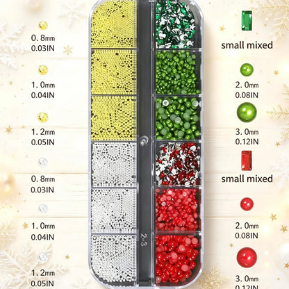 4Box Christmas Nail Charms 3D Snowman Santa Claus Elk, White Snowflakes Red Bow Red & Green Rhinestones Metal Caviar Beads Nails
