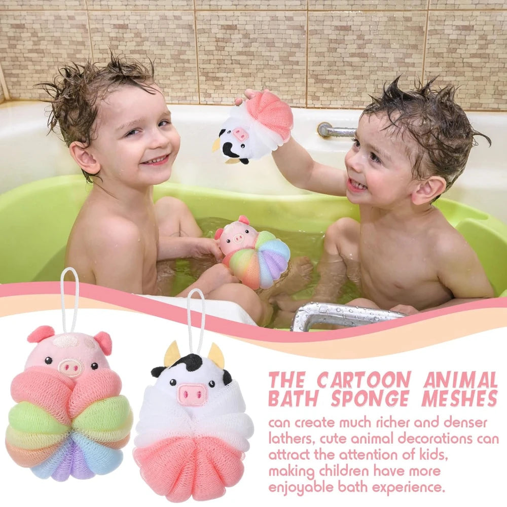 2 Pcs Bath Loofahs, Kids Toddler Cute Cartoon Bath Sponges, Loofah Bath Pouf, Body Scrubber Mesh Loofah Sponges (Animal)