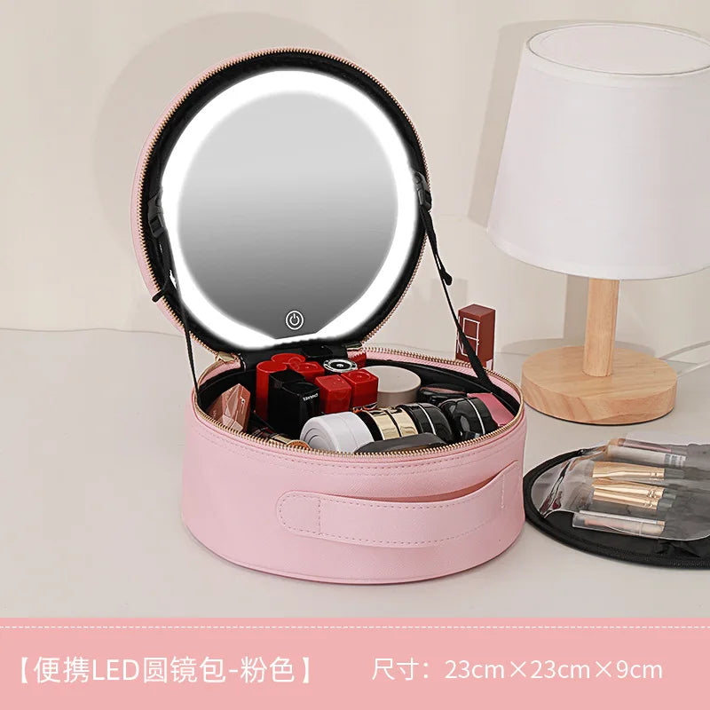 Cosmetic Portable Travel Storage Box With 2000mAh Led Rechargeable Vanity Bags Makeup Case With Led Light Mirror