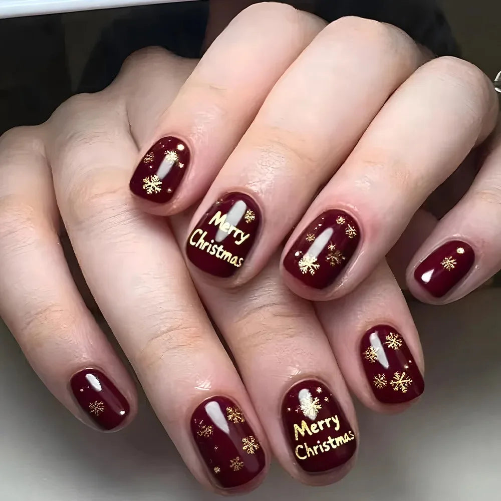 Christmas Press on Nails Short Square False Nails Snowflake Full Cover Glue on Nail Claret Gold Design Acrylic Fake Nails Winte