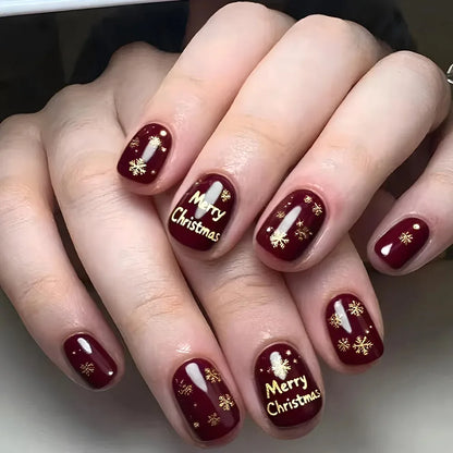 Christmas Press on Nails Short Square False Nails Snowflake Full Cover Glue on Nail Claret Gold Design Acrylic Fake Nails Winte