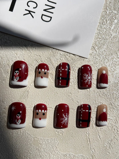 Handmade Short Square Press On Nails Christmas False Nails with Santa Claus Snowman Snowflake Design Reusable 10Pcs Xmas Party