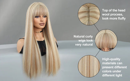 Long Straight Light Blonde Wig for Women Daily Party Highlight Brown Synthetic Layered Hair Wigs with Bangs Halloween Cosplay