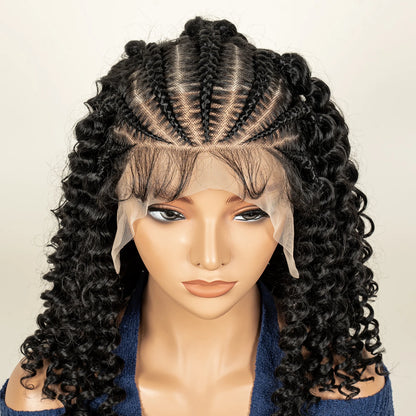 Cornrow Braided Curly Hair Wig Deep Wave Synthetic Hair Wigs with Baby Transparent 13x6 Lace Frontal 16in Hair Fits Black Women