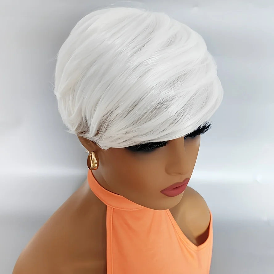 Short Synthetic Pixie Wigs Pixie Cut Short White Wavy Wigs Layered Short Synthetic Hair Wigs For Women