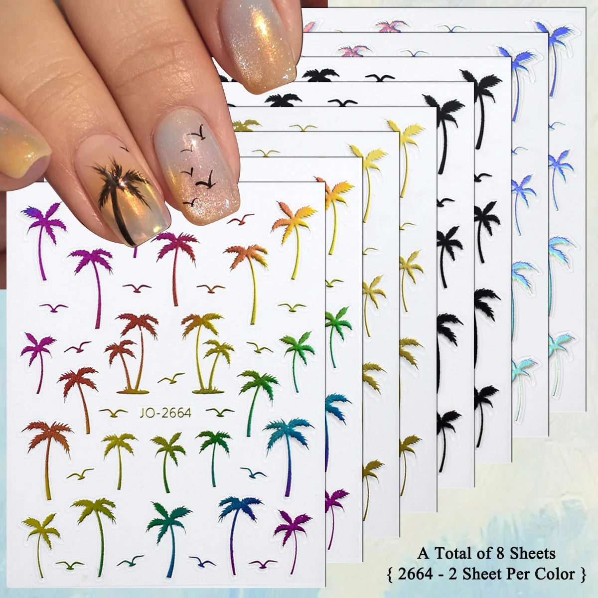 2/4/8/12/20 Sheets 3D Palm Tree Nail Stickers Tropical Coconut Tree Seagull Self Adhesive Summer Beach Nail Decals