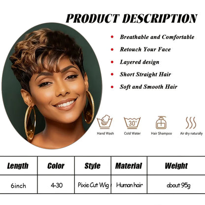 Afro Fluffy Curly Human Hair Wigs Pixie Cut Wig Coffee Brown 100%Human Hair Wig Short Kinky Curly Human Hair Full Machine Wig