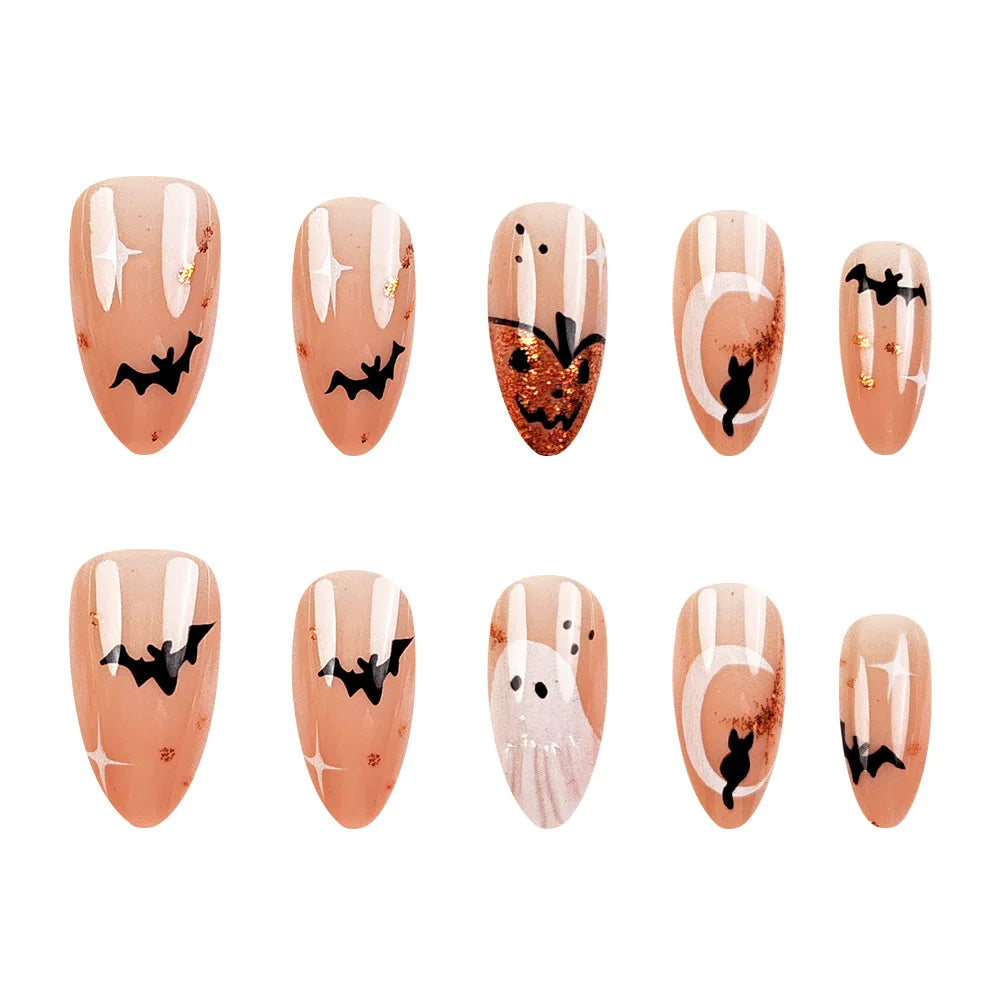 24 Pcs Halloween Nails Press on Bat Ghost Pumpkin Nail Tips Self-adhesive Almond Fake Nails Aesthetic Glued Nails Removable 2025