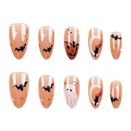24 Pcs Halloween Nails Press on Bat Ghost Pumpkin Nail Tips Self-adhesive Almond Fake Nails Aesthetic Glued Nails Removable 2025