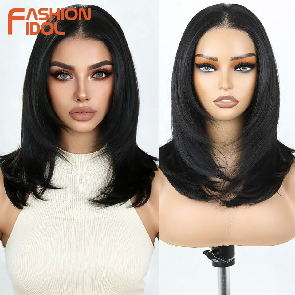 FASHION IDOL 16 Inch 13x3 Lace Front Wigs Synthetic Straight Hair Layered Ombre Brown Free Part Pre-Plucked Bob Wigs for Women