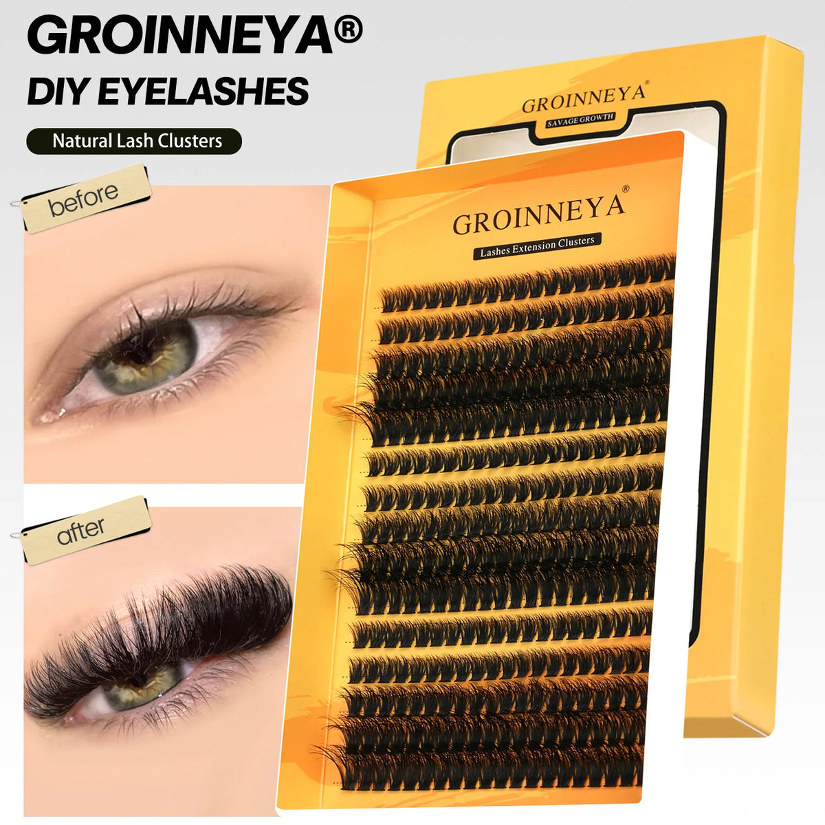 GROINNEYA Cluster Lashes DIY Eyelash Extension C Curl Long Individual Lashes Mixed Tray Faux Mink Lash Clusters Extensions