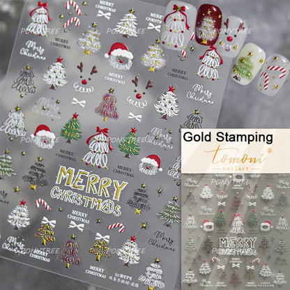 Tender Blue Christmas Tree Hanging Ball Ribbon Gold Star Snowflakes Bowknot Ring Adhesive Nail Charms Art Sticker Manicure Decal