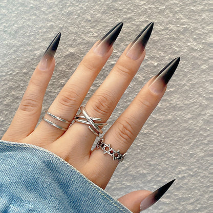 24 piece long pointed black gradient pattern glossy fake nail set enhances your Halloween style