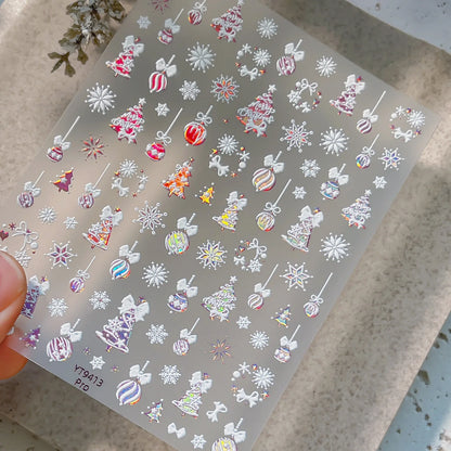 Tender Blue Christmas Tree Hanging Ball Ribbon Gold Star Snowflakes Bowknot Ring Adhesive Nail Charms Art Sticker Manicure Decal
