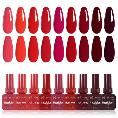Hassleless 9-Piece Red Nail Polish Set, Presented in a Bow-Shaped Glass Bottle, Creates a Natural, Healthy Red Nail Polish. Quic