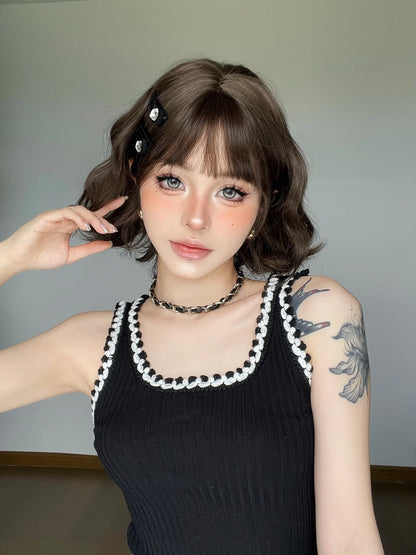 Curly Short Bob Brown Wavy Synthetic Wigs with Bangs Lolita Cosplay Brown Wig for Women Natural Daily Party Hair Heat Resistant
