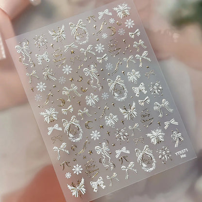 2026 New 5D Embossed Garland/Christmas Tree Nail Stickers White Snowflakes Bow Star Nail Decals Self-Adhesive Xmas Nail Decor