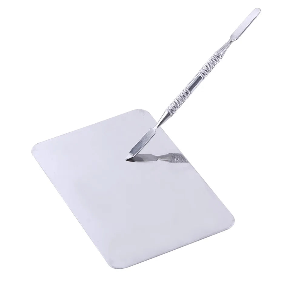 2pcs Small Size Makeup Mixing Palette Stainless Steel Rectangle Stainless Steel Blending Plate Comes with Spatula