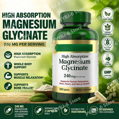 Magnesium Glycinate Capsules High Absorption Supports Muscle Relaxation Supports Bone Health 120 Capsules for Adults