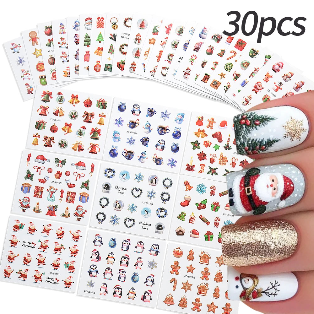 30pcs Cartoon Christmas Mini Nail Stickers Set Snowman, Snowflake, Penguin, Candy Adhesive Nail Decals Winter Manicure Sliders