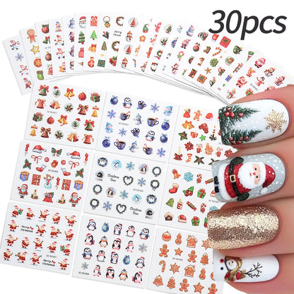 30pcs Cartoon Christmas Mini Nail Stickers Set Snowman, Snowflake, Penguin, Candy Adhesive Nail Decals Winter Manicure Sliders