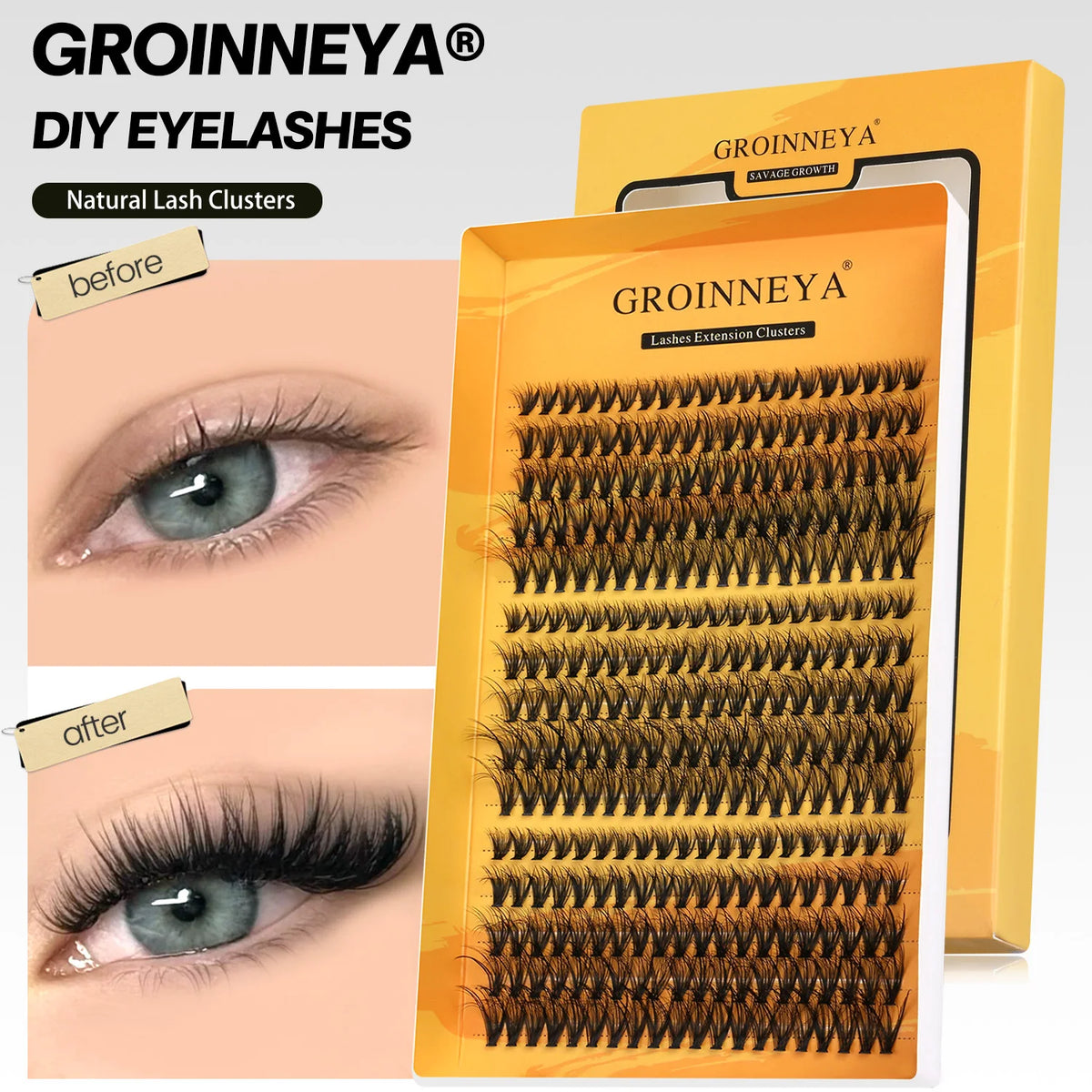 GROINNEYA Cluster Lashes DIY Eyelash Extension C Curl Long Individual Lashes Mixed Tray Faux Mink Lash Clusters Extensions