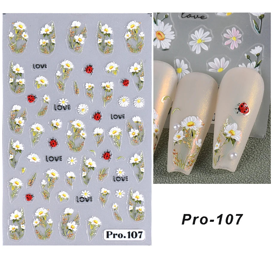 5D Daisy Flower Nail Stickers Cute Bee Blossom Petal Insect Self Adhesive Manicure Decal DIY Spring Summer Nail Art Decoration