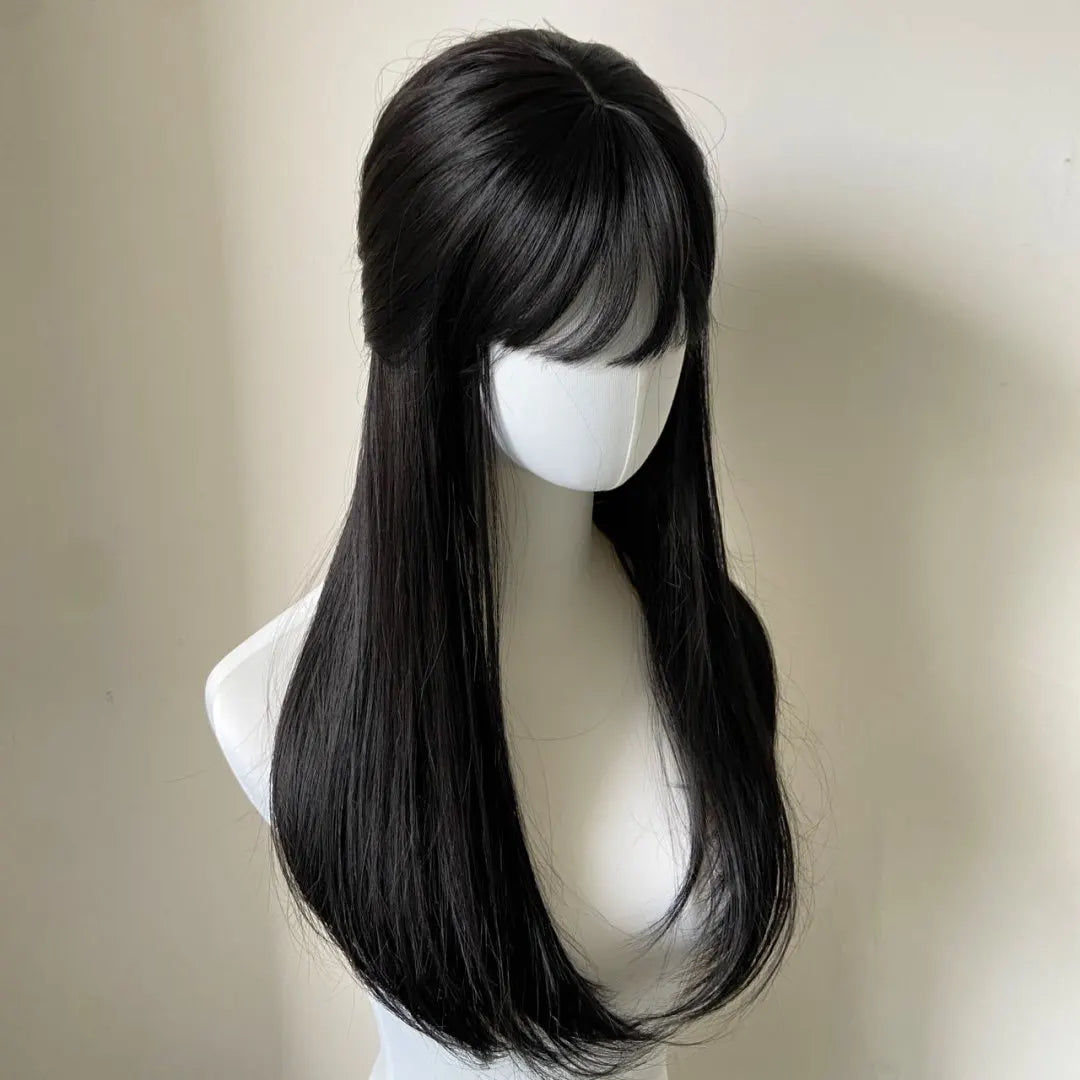 Black Wig with Bangs Long Straight Synthetic Wigs for Women 24inch Lolita Cute Natural High Temperature Fibers for Daily Use 가발