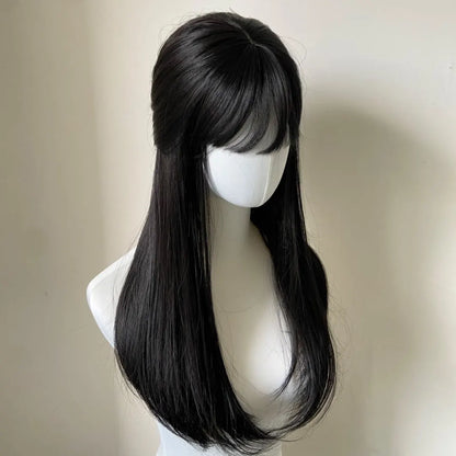 Black Wig with Bangs Long Straight Synthetic Wigs for Women 24inch Lolita Cute Natural High Temperature Fibers for Daily Use 가발