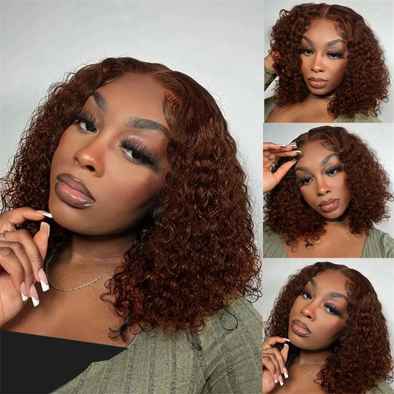 Chocolate Brown 200% Density Deep Curly 13x4 Lace Frontal Bob Wig Water Wavy Human Hair Wigs Pre Plucked Virgin Wet And Hair #4