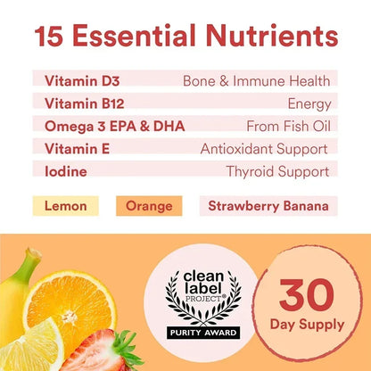 Kids' Daily Gummy Vitamins - Contains 13 Essential Nutrients and Omega 3 Fish Oil To Support The BrainSupplements