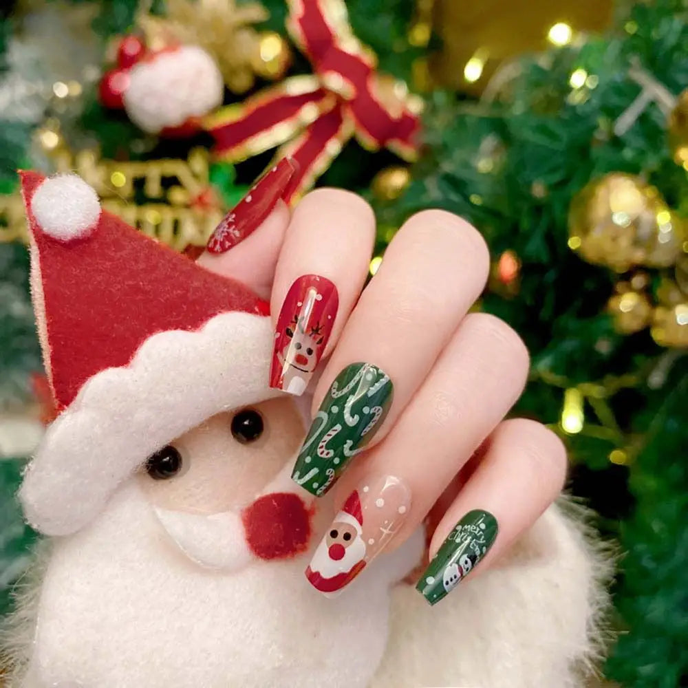 24Pcs/set Christmas Snowflake Christmas False Nails Nail Supplies Elk Pattern Christmas Fake Nails DIY Nail Accessories