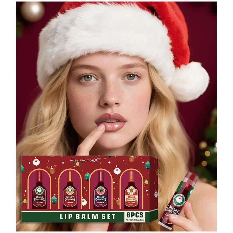 Christmas Lip Balm Set,Festival Gift Box 8-Piece Lipstick Kit, Lip Winter Anti Cracking Moisturizing Brightening Care,Non Sticky