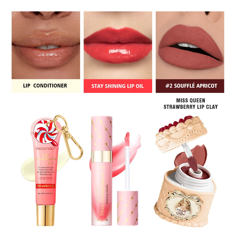 Christmas Limited 2‑in‑1 Lip Gift Set Strawberry Cake Mousse Matte Lip Mud Santa Red Velvet Pouch Lip Balm Lip Oil 7 Shades