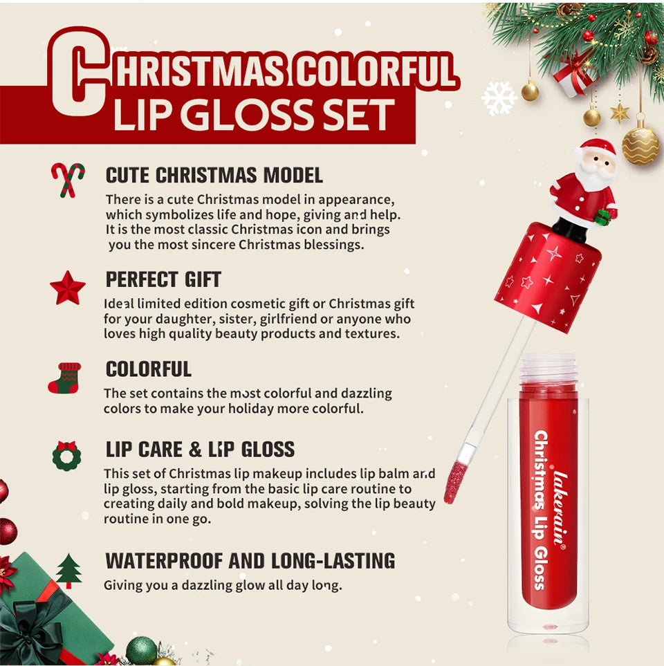 Christmas Lip Gloss Set Waterproof Long-Lasting Moisturizing Lip Skincare Lip Glaze Set Ideal Festive Holiday Christmas Gift