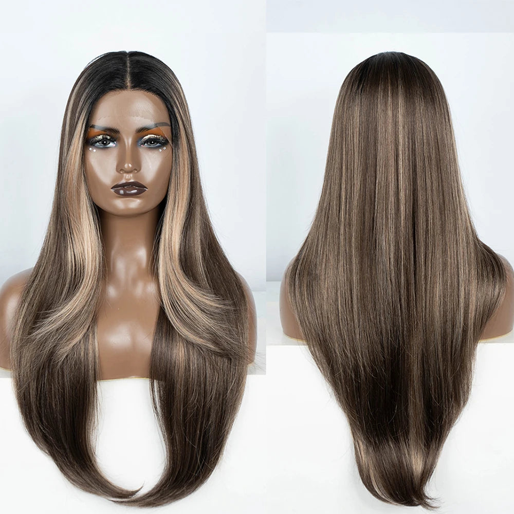 Synthetic Lace Front Wig Long straight Layered 28 Inch Lace Wig Heat Resistant Wigs For Women Lace Front Wig