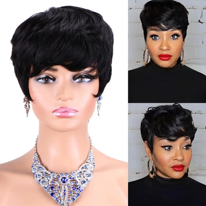 PIxie Cut Wigs for Black Women Human Hair Short Bob Wig Human Hair Wigs with Bangs Layered Style Bob Wigs for Women Machine