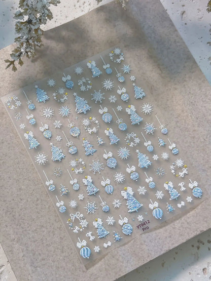 Tender Blue Christmas Tree Hanging Ball Ribbon Gold Star Snowflakes Bowknot Ring Adhesive Nail Charms Art Sticker Manicure Decal