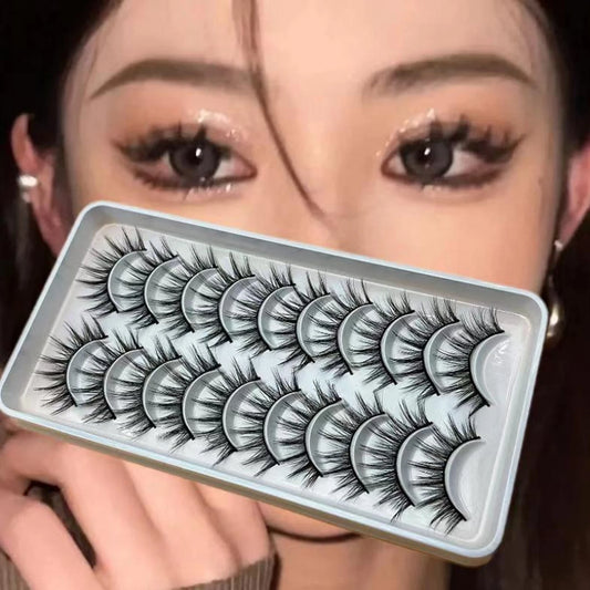 10 Pairs Natural Fluffy False Eyelashes Wispy Lashes 3D Volume Strip Lashes D Curl Fake Eyelashes with Clear Band Eye Lashes