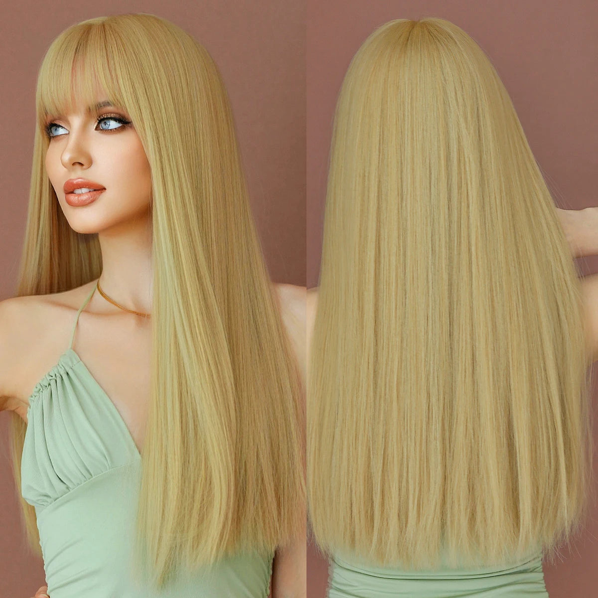 Long Straight Light Blonde Wig for Women Daily Party Highlight Brown Synthetic Layered Hair Wigs with Bangs Halloween Cosplay