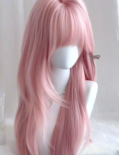 Ashely Pink Wig for Women Hair Wig with Bangs High Temperature Fibers Lolita Cute Layered Wig Synthetic Wigs Headband 가발 Парик