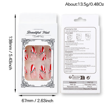 24pcs Red White French Line Christmas Sweet False Nails With Snowflake Rhinestone Starburst Design Pink Almond Press On Nails