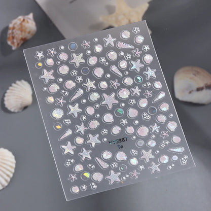 Ocean Aurora Embossed Seashell Nail Stickers - Summer Dreamy Seashell Glow Starfish Seashell Embossed Nail Stickers