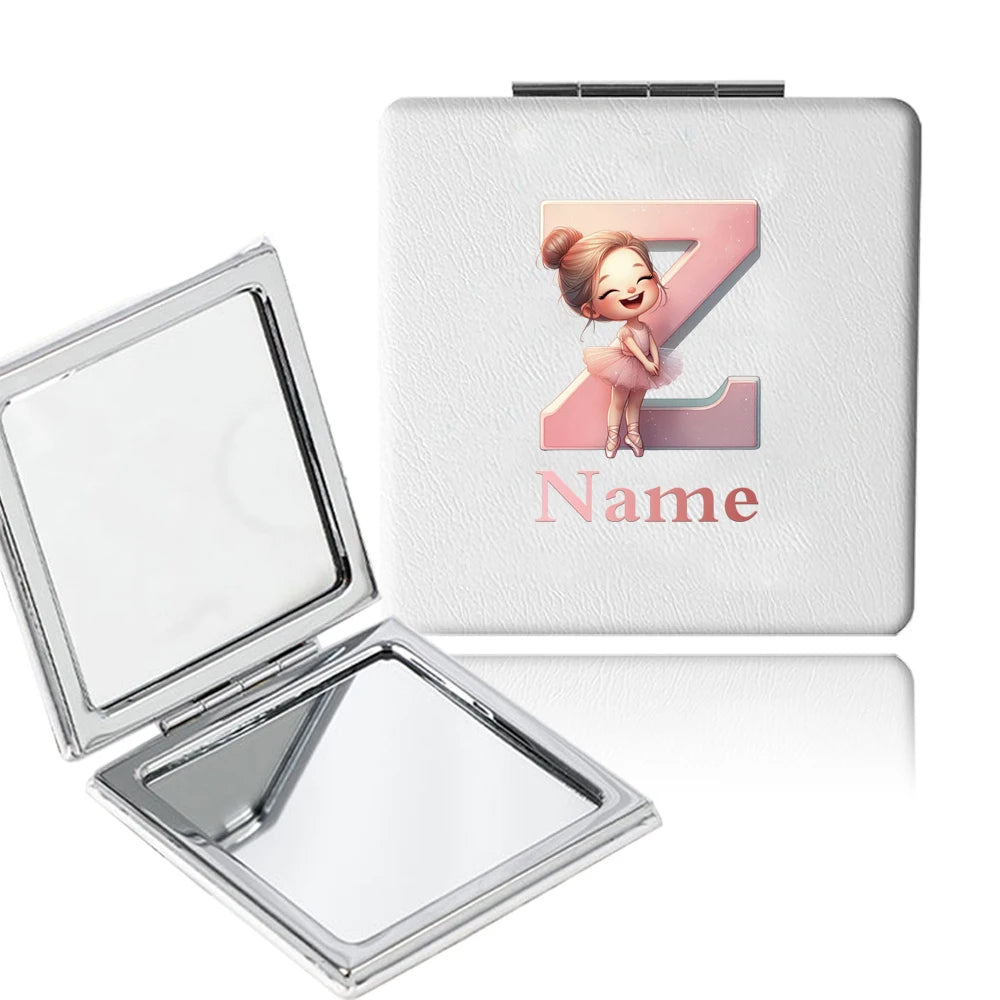 Customized Name PU Handheld Makeup Mirror Cover Dressing Double-Sided Portable Foldable Pocket Cosmetic Mirror