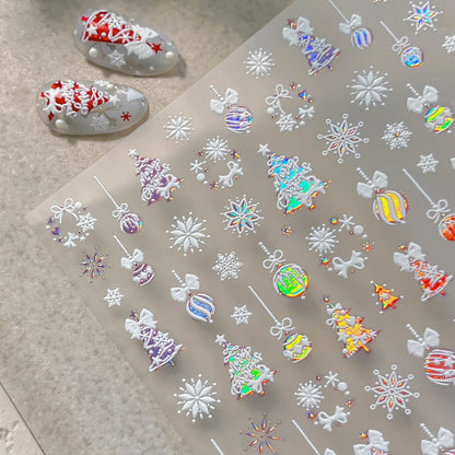 Tender Blue Christmas Tree Hanging Ball Ribbon Gold Star Snowflakes Bowknot Ring Adhesive Nail Charms Art Sticker Manicure Decal