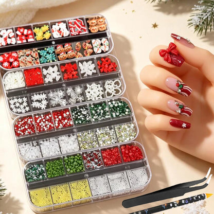 4Box/Set Christmas 3D Nail Charms Assorted Resin Figures Snowflake Bow Pearl Rhinestone Beads For Home Salon Holiday Art Making