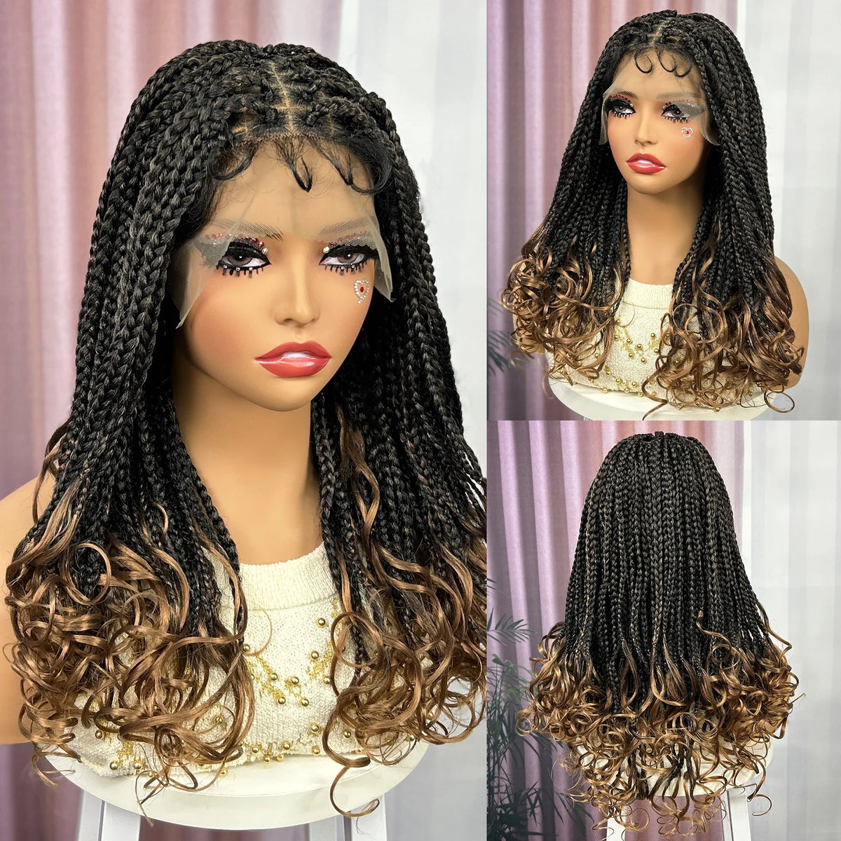 Knotless Box Braided Wig with Wavy Ends Synthetic Lace Frontal 1B-30 Dark Ombre Braided Lace Wig with Baby Hair for Black Women