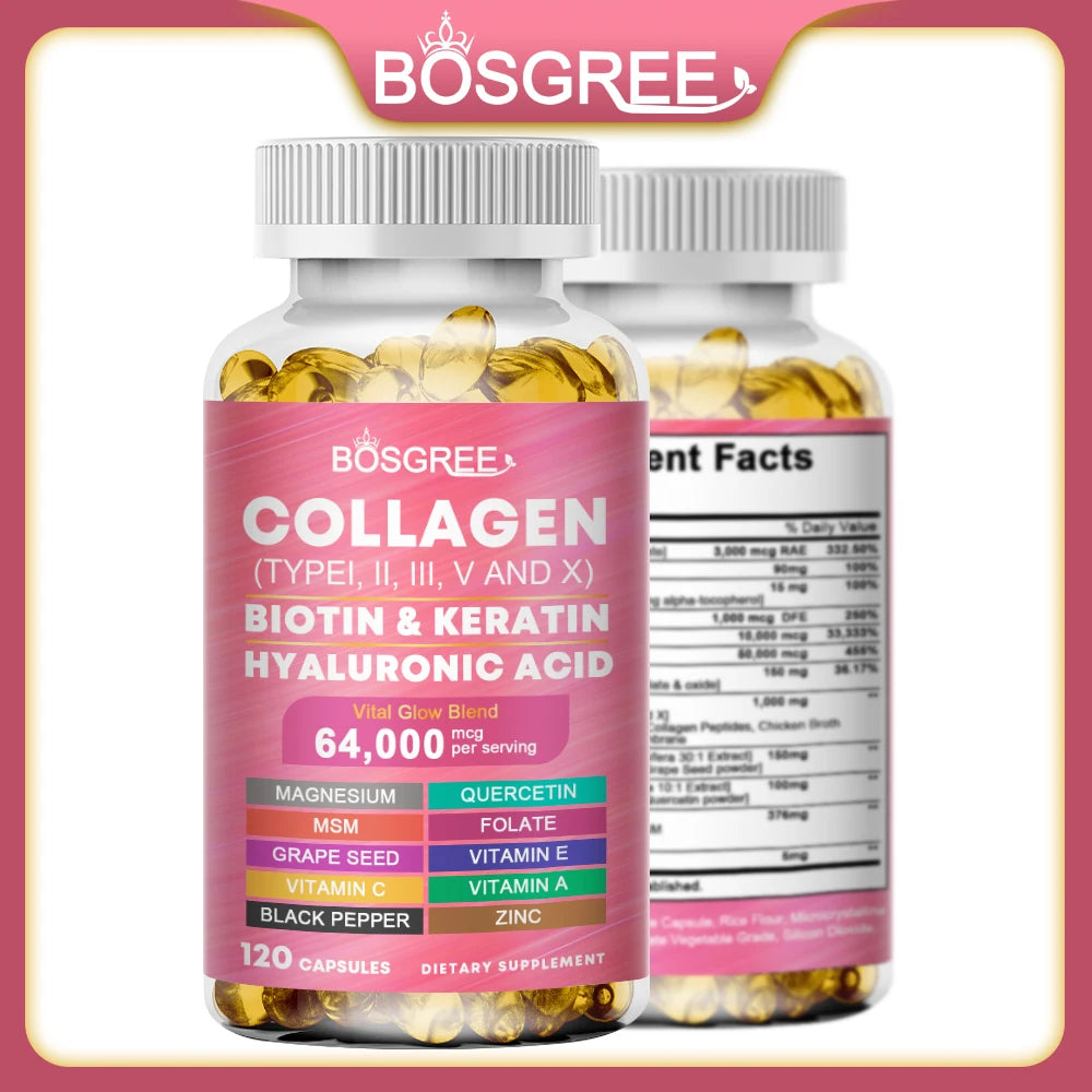 Multi-Collagen Biotin Keratin Skin Care-Women's Collagen Supplement-Hyaluronic Acid,Vitamins C&E- Skin,Hair,Nails&Joint Support
