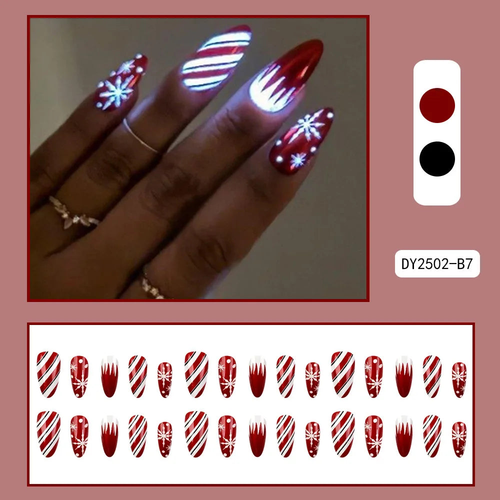24pcs Christmas Red Metallic Press On Nails Luminous Glow In Dark Snowflake Candy Stripe Fake Nail Long Almond False Nail